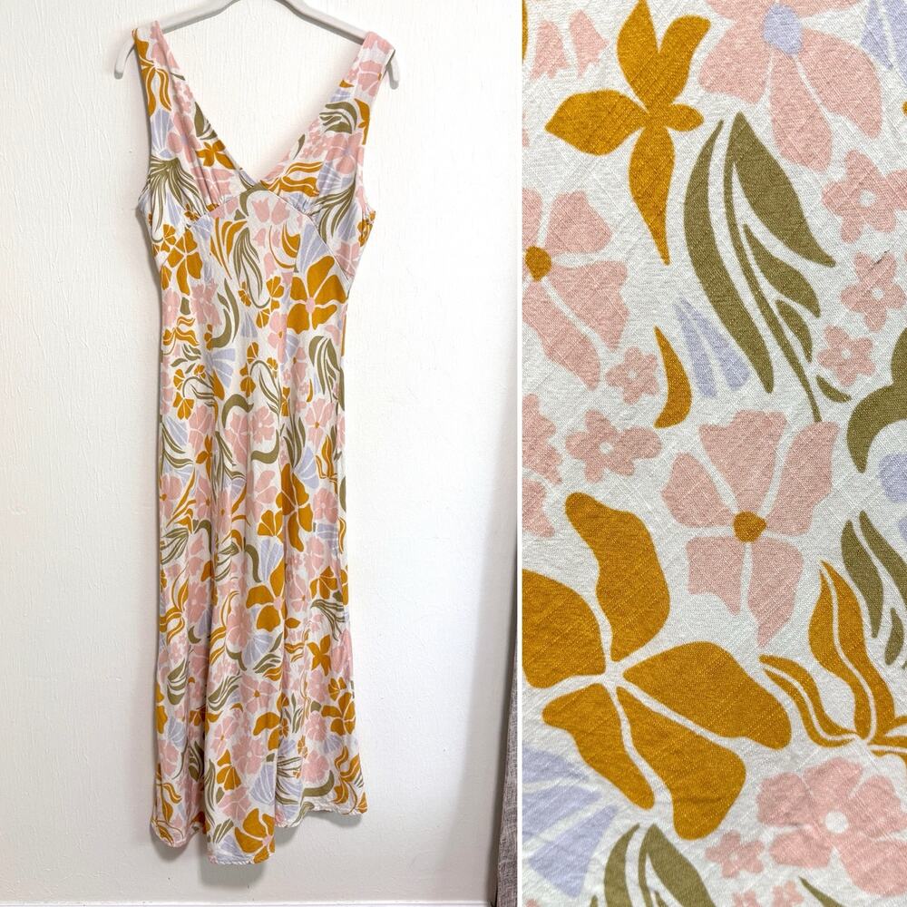 Paper Heart Womens Floral Linen Blend Maxi Dress S Bias Cut Tropical Beach Boho